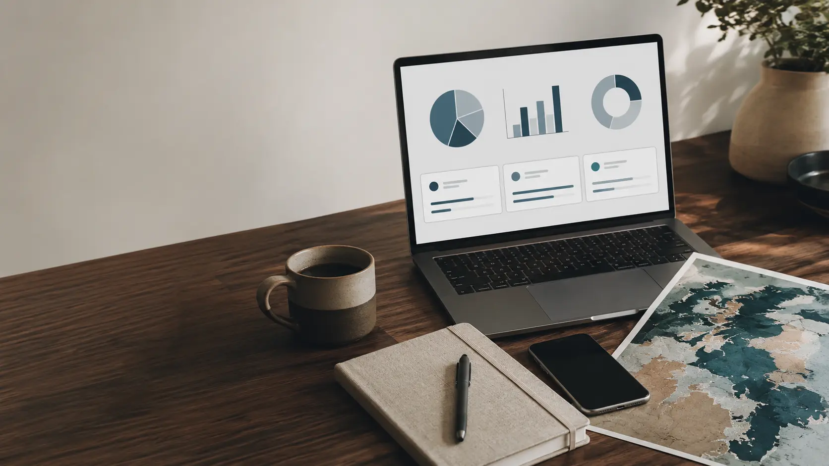 A laptop displaying comparison charts next to a world map, a notebook and a cup of coffee